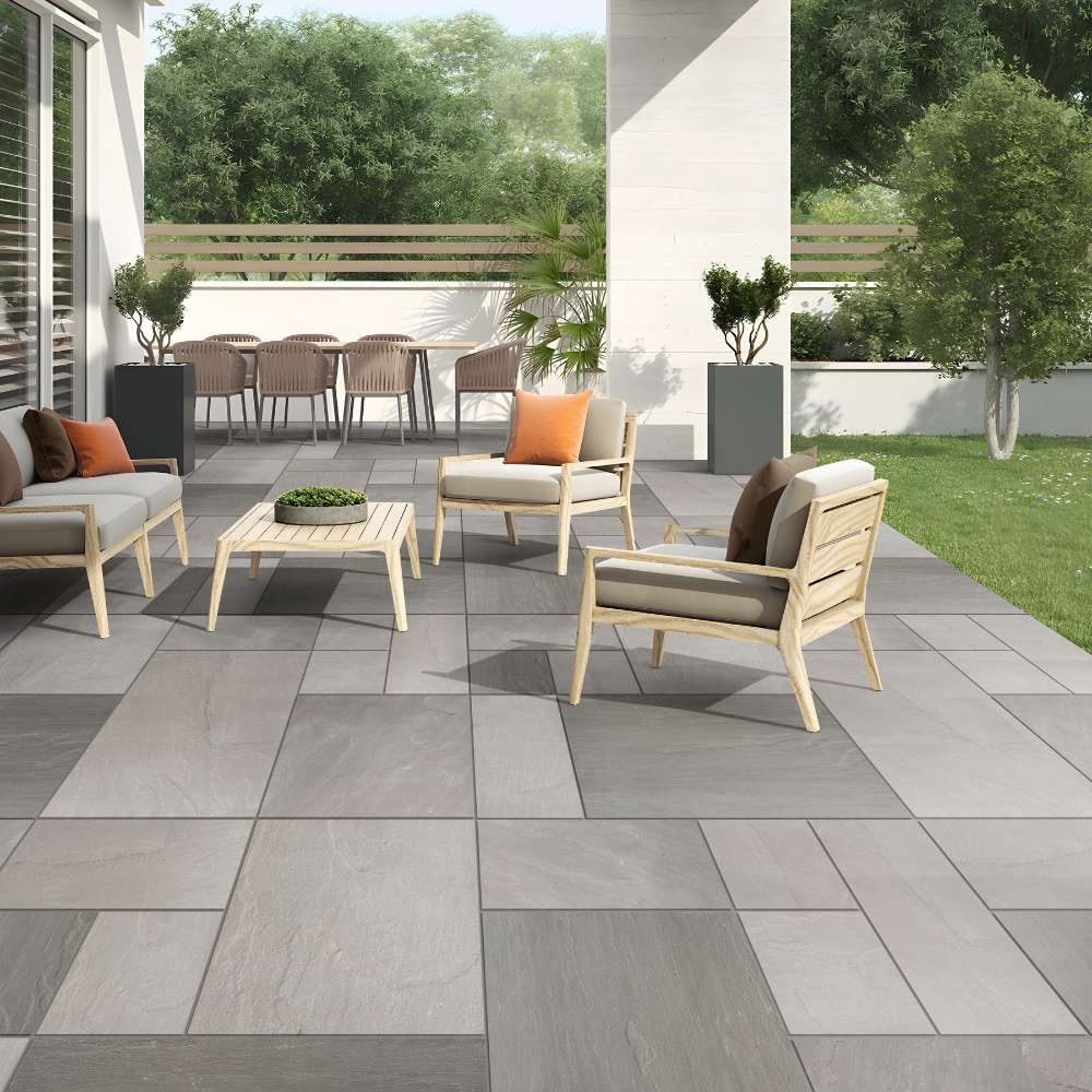 Kandla Grey Riven Sandstone Mixed Patio Sawn Edged Paving Slabs