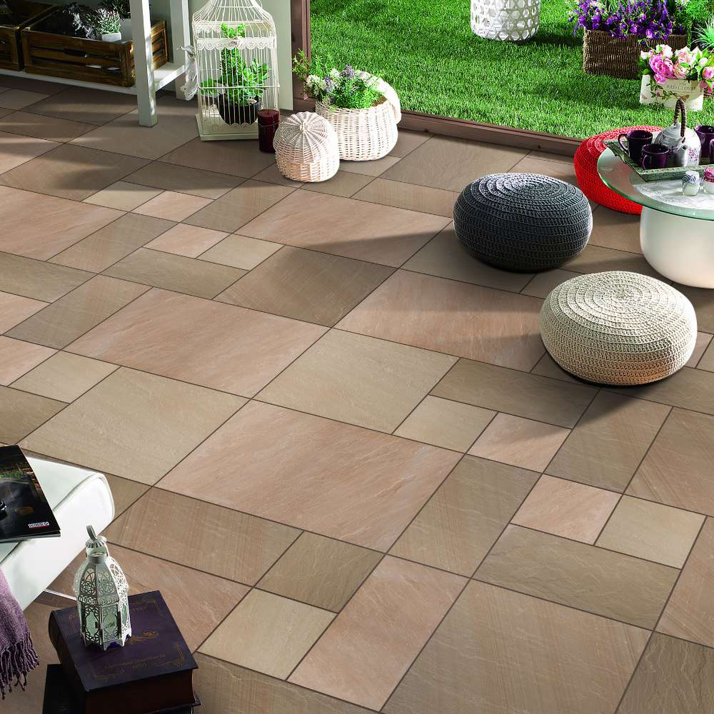 Ripple Rivan Slab Rippon Buff Riven Sandstone Mixed Patio Paving Slabs 18mm – Stonewise