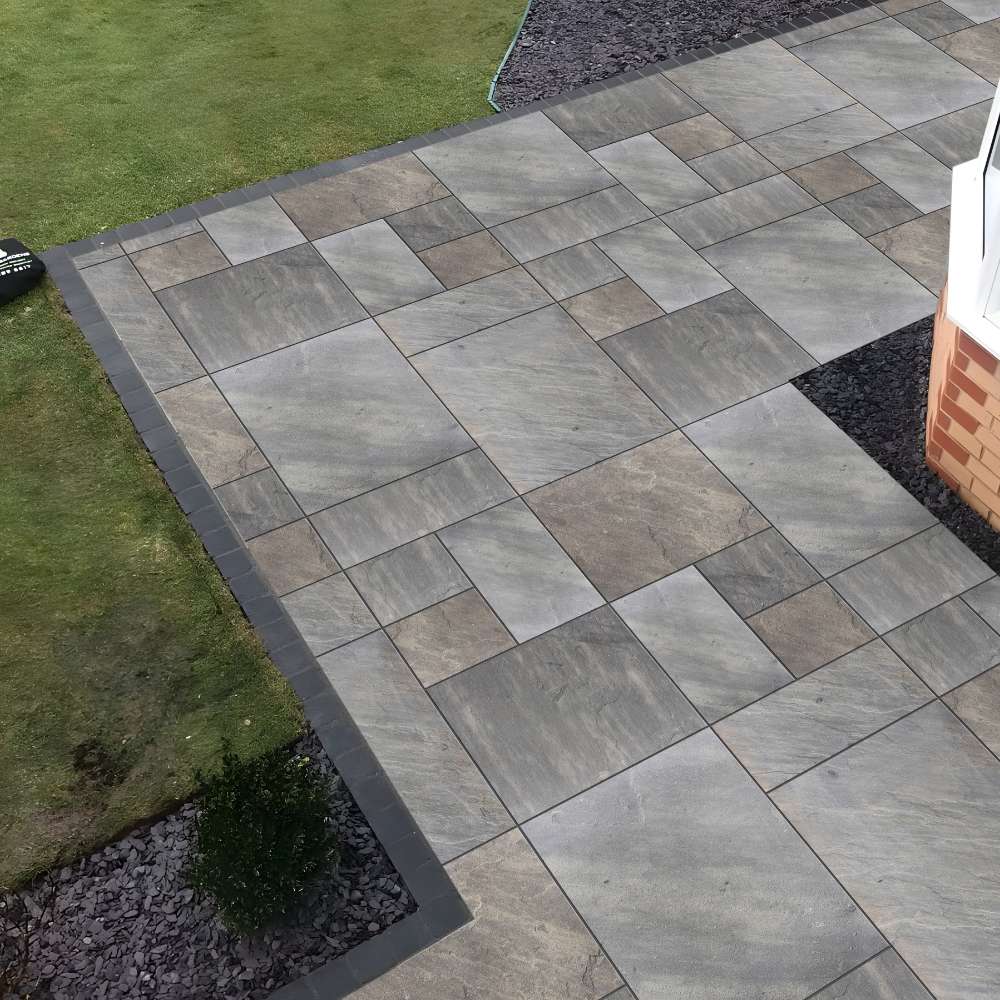 Sagar Black Riven Sandstone Mixed Patio Paving Slabs