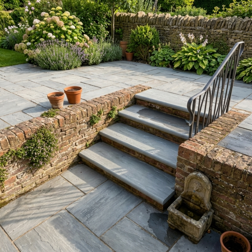 Kandla Grey Riven Sandstone 900x450x35 Sawn Edged Bullnose Steps