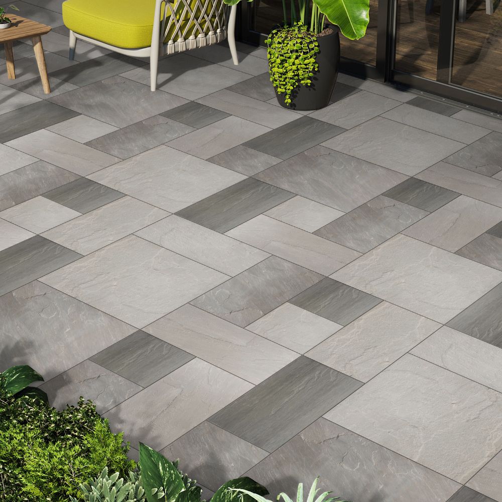 Kandla Grey Riven Sandstone Mixed Patio Paving Slabs 30mm