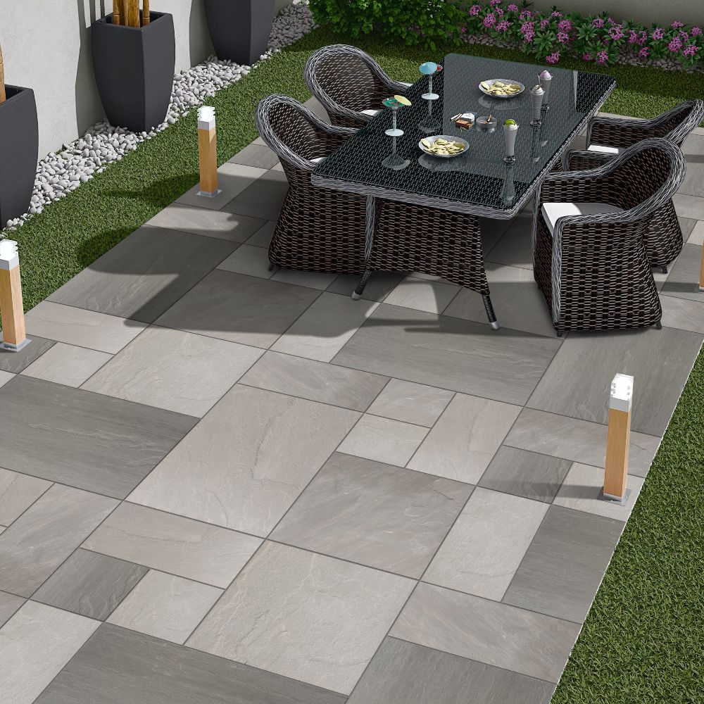 Kandla Grey Riven Sandstone Mixed Patio Paving Slabs 30mm