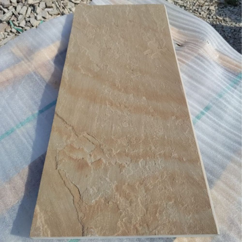 Rippon Buff Riven Sandstone 900x450x35 Sawn Edged Bullnose Steps